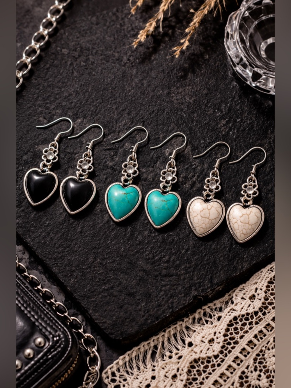 Boho Heart Drop Earrings Set 🤍 Turquoise Western Silver Dangle Jewelry